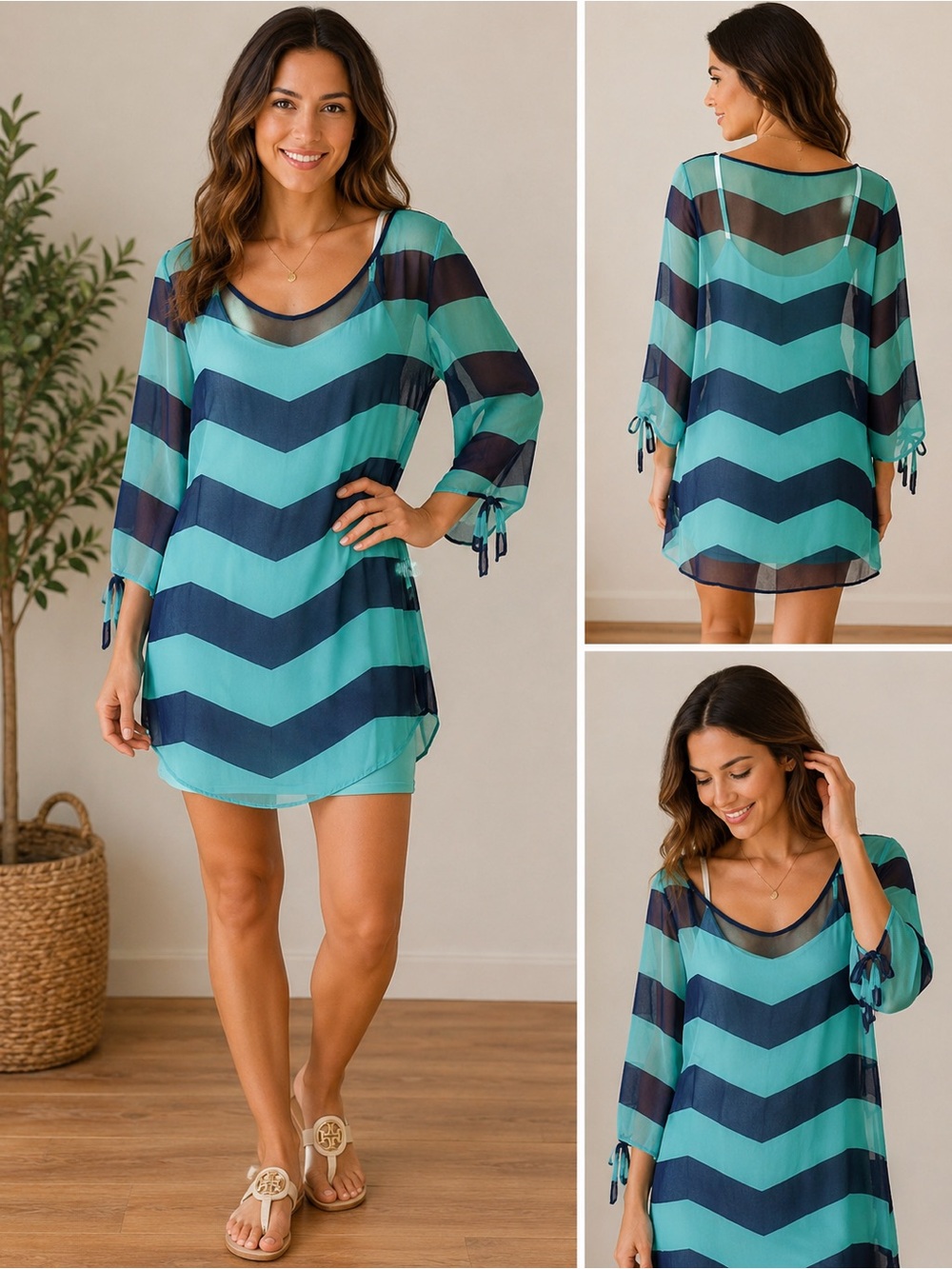 Roxy Chevron Stripe Sheer Dress with Slip | Size Medium